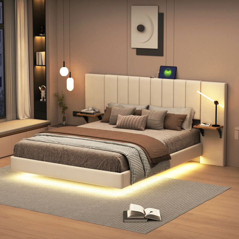 Lit rembourré 140x200cm en tissu lin - avec led + Port usb + étagères latérales - Beige