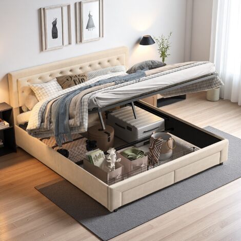 Lit rembourré 180 x 200 cm, lit coffre, lit double avec 2 tiroirs, lit coffre hydraulique, cadre de lit ado avec sommier à lattes, velours, beige (livraison locale)