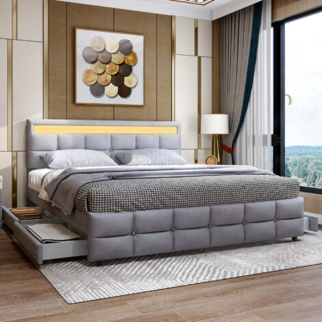 Lit rembourré 180 x 200 cm, lit double LED, cadre de lit avec 4 tiroirs, sommier à lattes et dossier, lit double doux pour la peau en tissu velours pour adultes et adolescents, gris OKWISH
