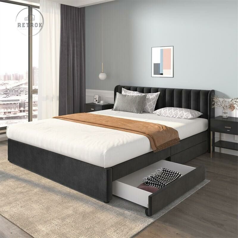 Retrok - Lit Rembourré 180 x 200 cm Velours avec Sommier à Lattes Dossier 2 Tiroirs, Noir