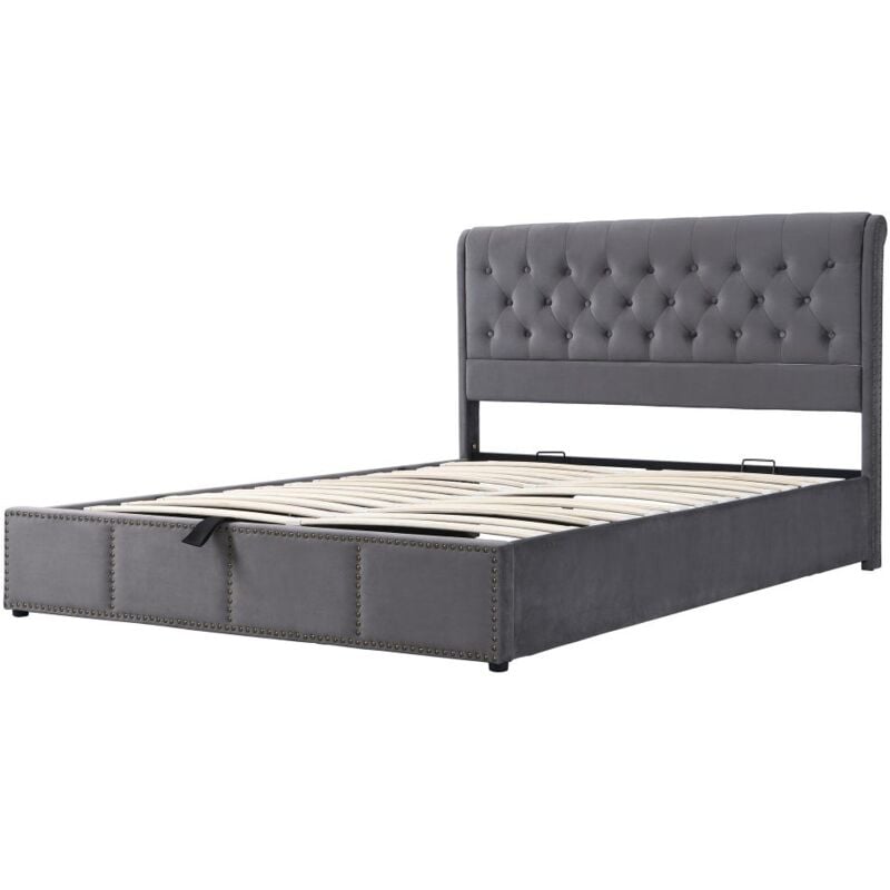 Gutent - Lit rembourré 180 x 200 cm,avec levier hydraulique,Décoration rivets,Samt, gris(sans matelas)