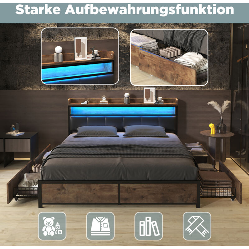 Lit rembourré 180x200 cm lit double avec sommier à lattes et tête de lit, éclairage LED et fonction de rangement, en PU, noir, sans matelas