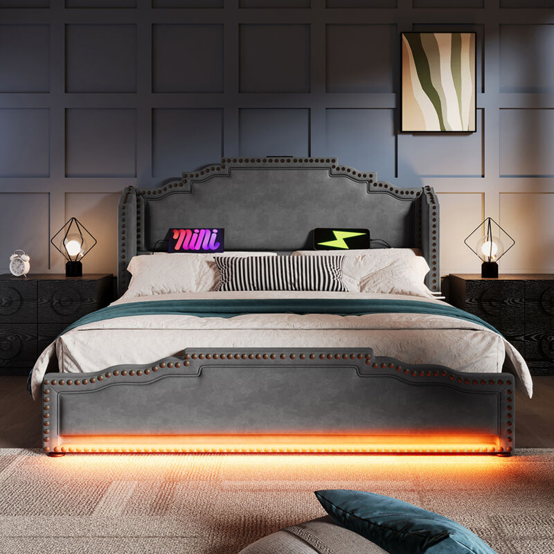 Lit rembourré 180×200, double avec 4 tiroirs, éclairage LED et port de charge USB-C, velours, gris, sans matelas.