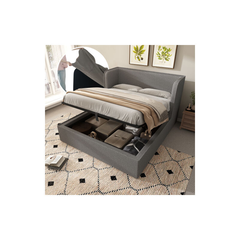 Lit rembourré 180×200, Lit double à rangement hydraulique avec accoudoirs larges et housse de cadre de lit amovible, Cadre de lit avec sommier à