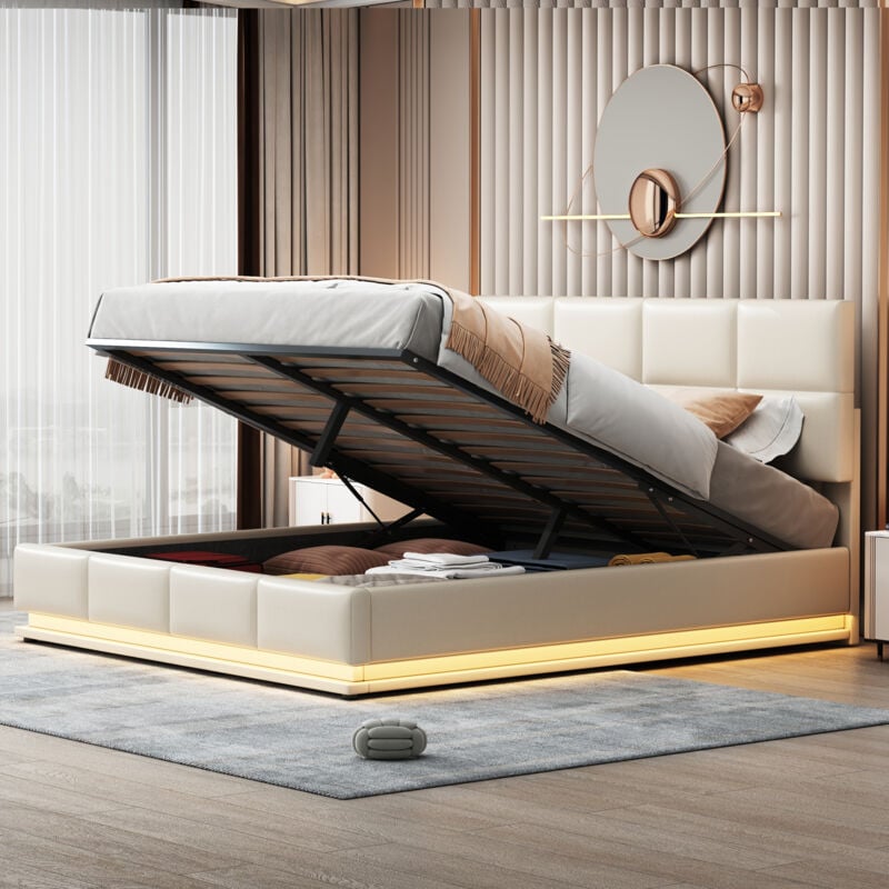 Okwish - Lit coffre 180x200 cm, lit double rembourré, lit adulte avec éclairage led, sommiers à lattes et rangemnnt hydraulique, en cuir artificiel