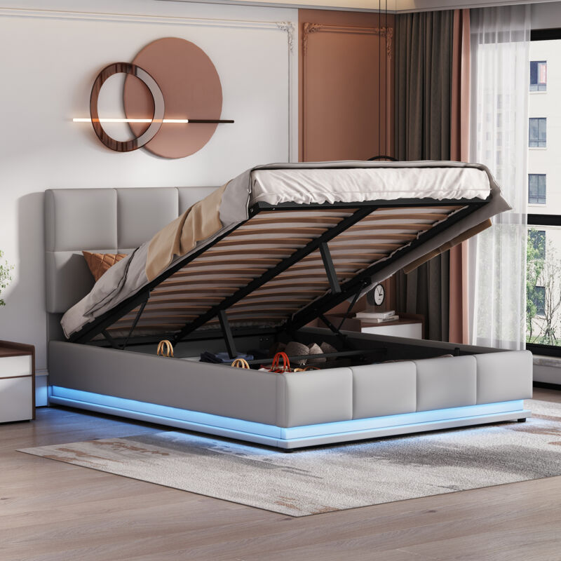 Okwish - Lit coffre 140x200 cm, lit double rembourré, lit adulte avec éclairage led, sommiers à lattes et rangemnnt hydraulique, en tissu gris, sans