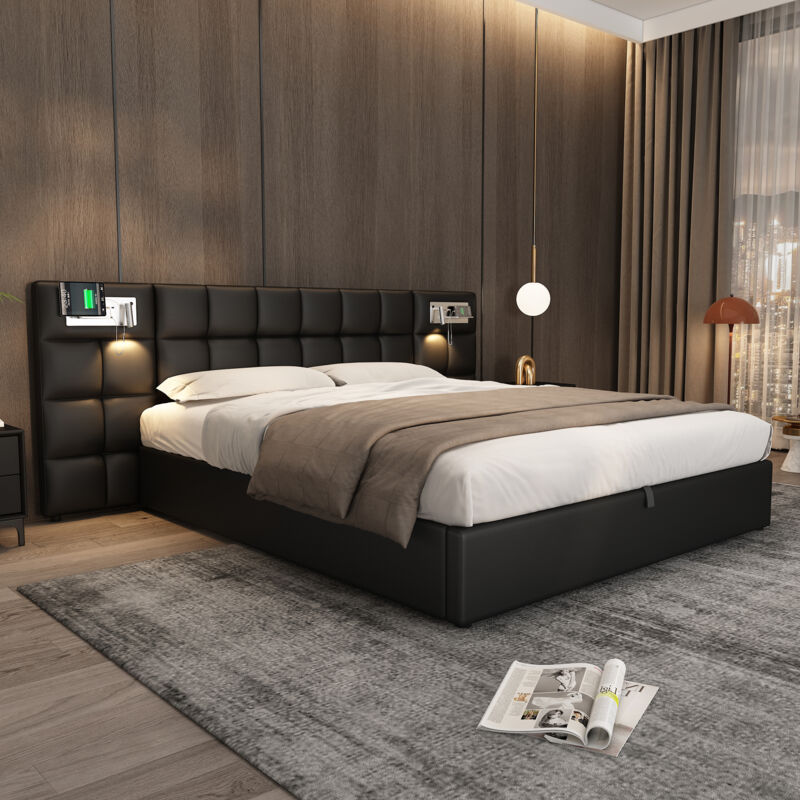 Gutent - Lit rembourré 180x200 cm, lit de rangement, avec port usb, chargeur sans fil et lumière, pu, noir