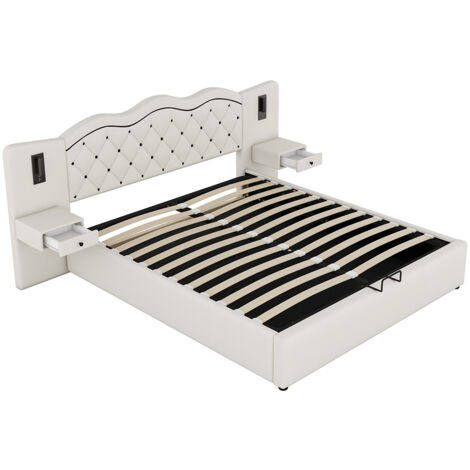 Lit rembourré 180x200 cm, tête de lit intégrée, mécanisme de levage hydraulique, avec port USB, deux lampes de chevet - Beige