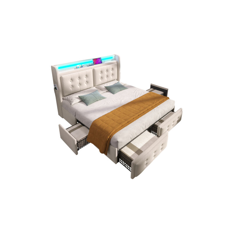 Lit rembourré 180x200, lit double avec tête de lit Led et fonction de chargement USB C et 4 tiroirs, lits de rangement avec sommier à lattes en bois