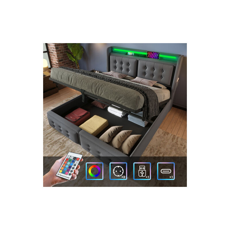 Lit rembourré 180x200, Lit double avec tête de lit Led et fonction de chargement USB C, Lit hydraulique avec sommier à lattes en bois et cadre