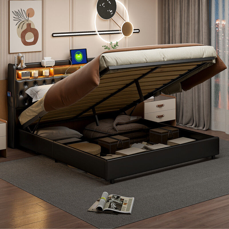 Sureh - Lit rembourré 180x200cm, Lit double Hydraulique avec espace de rangement sous le lit, Tête de lit en pu noir avec lumières led et étagères,