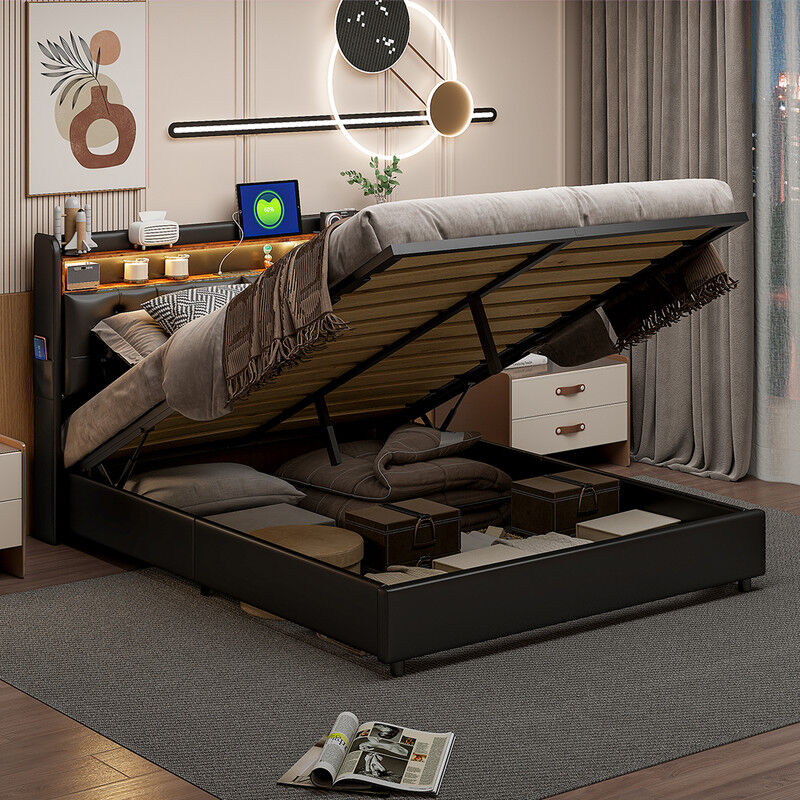 Sureh - Lit rembourré 140x200cm, Lit double Hydraulique avec espace de rangement sous le lit, Tête de lit en pu noir avec lumières led et étagères,