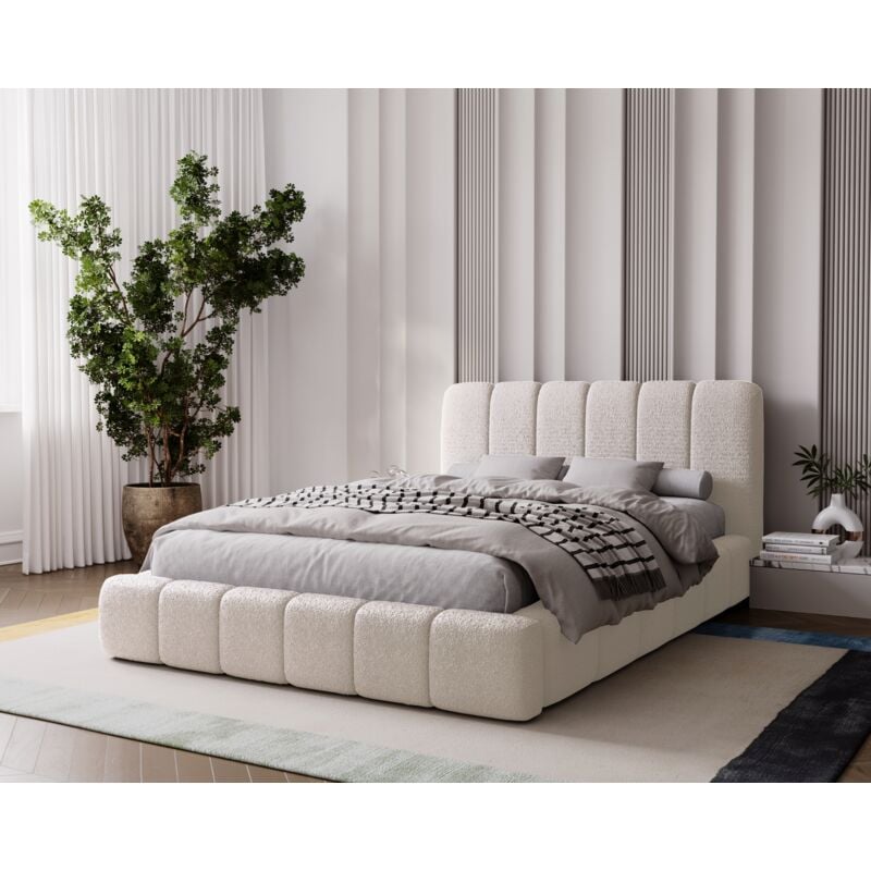 Lit Rembourré 200x200 Milan - Lit double avec Rangement, Sommier à Lattes - Lit coffre, tissu bouclé (Crème - Anthology 1)