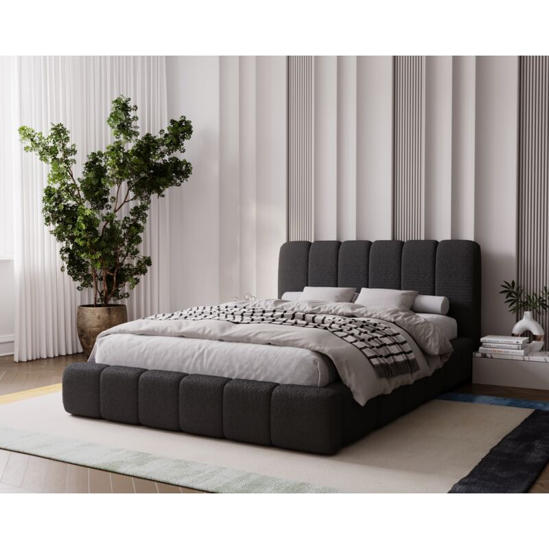 Lit Rembourré 200x200 Milan - Lit double avec Rangement, Sommier à Lattes - Lit coffre, tissu bouclé (Noir - Anthology 19)