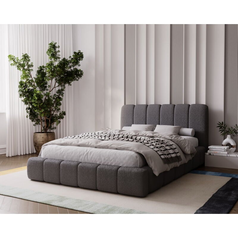 Emporius - Lit Rembourré 180x200 Milan - Lit double avec Rangement, Sommier à Lattes - Lit coffre, tissu bouclé (Gris foncé - Anthology 18)