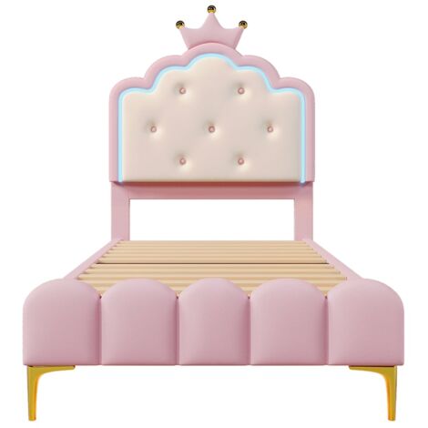 Lit rembourré 90 x 200 cm, avec éclairage d'ambiance, forme princesse, matériau PU, rose