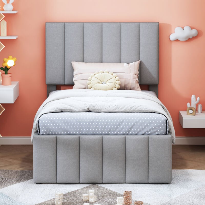 Okwish - Lit simple 90 x 200 cm lit d'enfant, lit d'adolescent, avec lit gigogne et tiroirs de rangement, revêtement en lin doux, gris