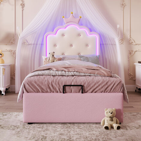 Lit rembourré 90 x 200 cm, avec lumière d'ambiance télécommandée, couronne en forme de princesse, matériau PU, rose