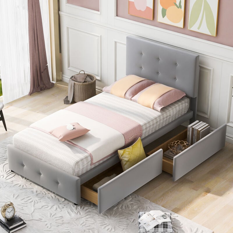 Lit rembourré 90x200 cm lit simple avec dossier, 2 tiroirs et tête de lit réglable, pour enfants et ados, en velours, gris