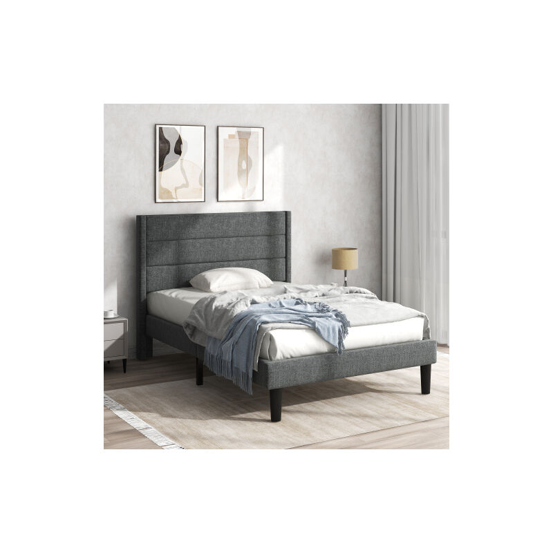 Qiyao - Lit rembourré 90 x 200 cm, cadre de lit avec sommier à lattes et tête de lit, lit double rembourré, housse textile en lin gris, convient pour