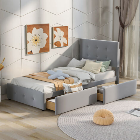 Lit rembourré 90 x 200 cm Lit avec sommier à lattes, dossier et deux tiroirs Lit simple Tête réglable en hauteur Tissu velours agréable à la peau Gris plat Lit d'enfant Lit d'adolescent Lit d'invité s