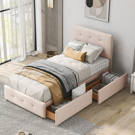 Lit rembourré 90 x 200 cm Lit avec sommier à lattes, dossier et deux tiroirs Lit simple Tête réglable en hauteur Tissu velours agréable Lit d'enfant Lit d'adolescent Lit d'invité, sans matelas, Beige - Beige foncé