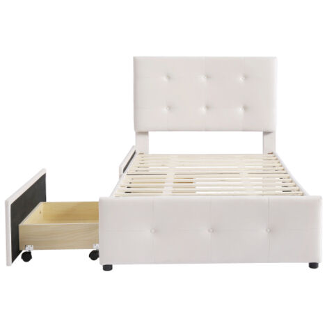 Lit rembourré 90 x 200 cm Lit avec sommier à lattes, dossier et deux tiroirs, tissu velours agréable à la peau Beige lit simple plat lit d'enfant lit de jeune lit d'invité (sans matelas)