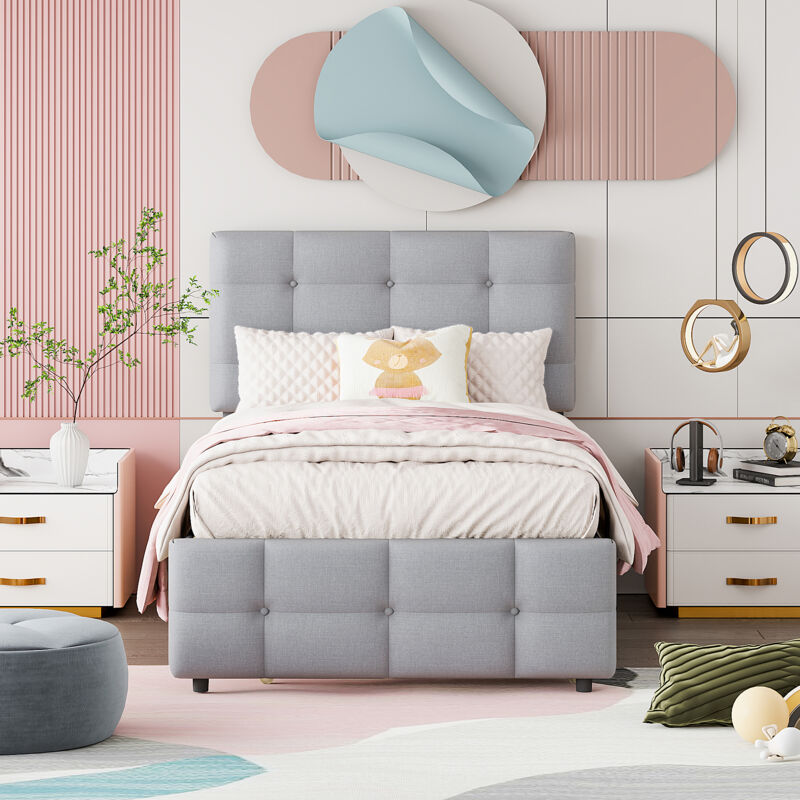 Okwish - Lit simple 90x200 cm, lit enfant rembourré avec lit gigogne, tête de lit réglable, rembourrage en lin, gris