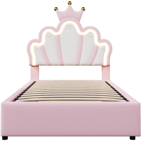 Lit Rembourré 90 x 200 cm Sans Matelas, Lit Princesse en Forme de Couronne, Tête de Lit Réglable, Mécanisme de Levage Hydraulique, Revêtement PU Rose