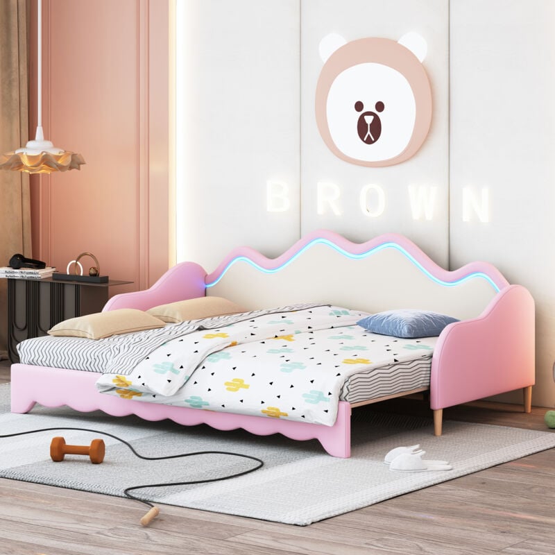 Okwish - Canapé-lit 90x180/190cm lit double rembourré lit enfant avec éclairage led et sommier à lattes, en similicuir, rose