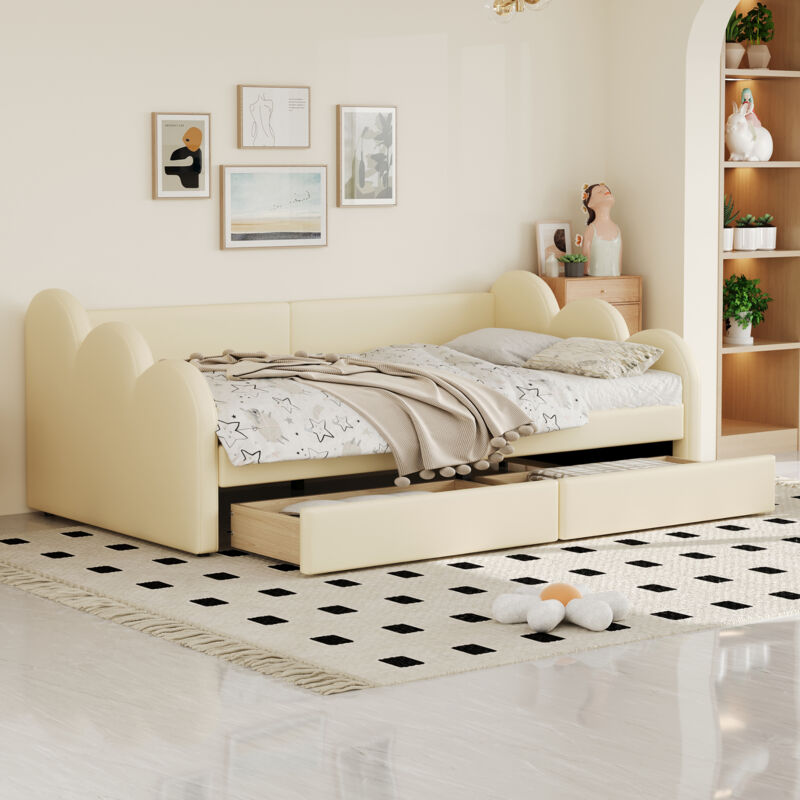 Okwish - Lit rembourré 90x200 cm, canapé-lit, lit simple avec dossier et accoudoirs et 2 compartiments de rangement, en similicuir, beige