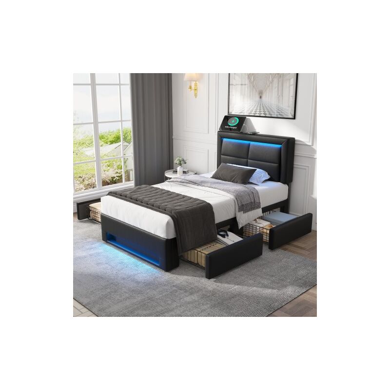 Lit rembourré 90x190 cm, lit simple, lit adulte avec port USB, éclairage LED et 4 tiroirs, en PU, noir