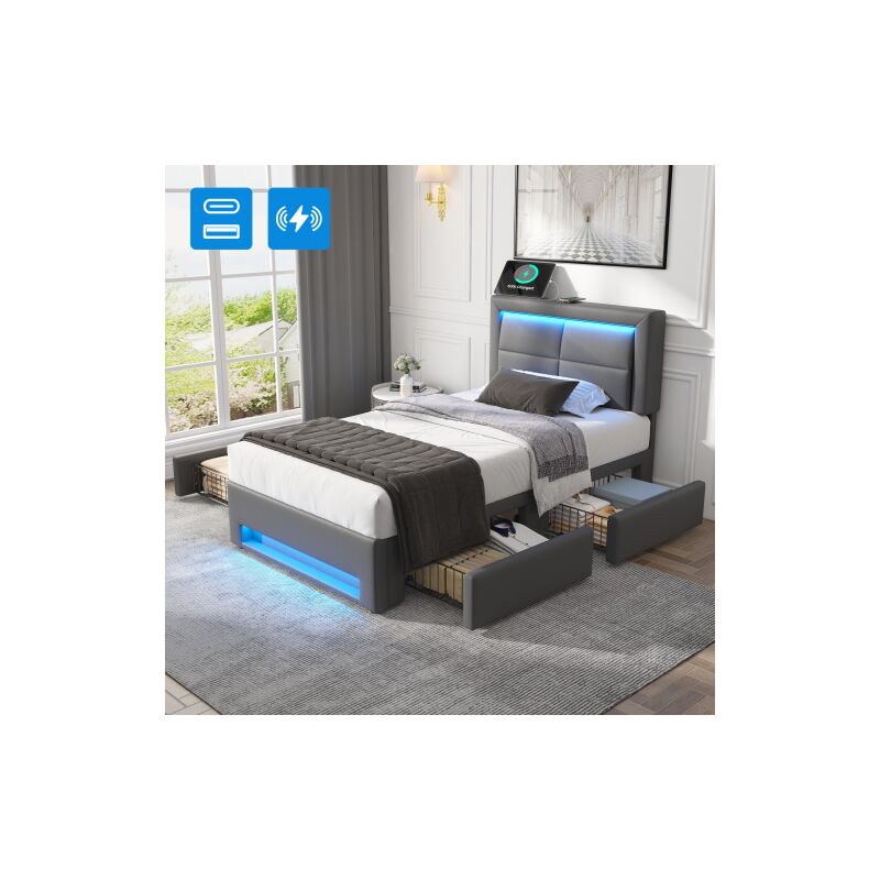 Okwish - Lit rembourré 90x190 cm lit simple avec port usb, éclairage led et quatre tiroirs, sans matelas, en pu, gris
