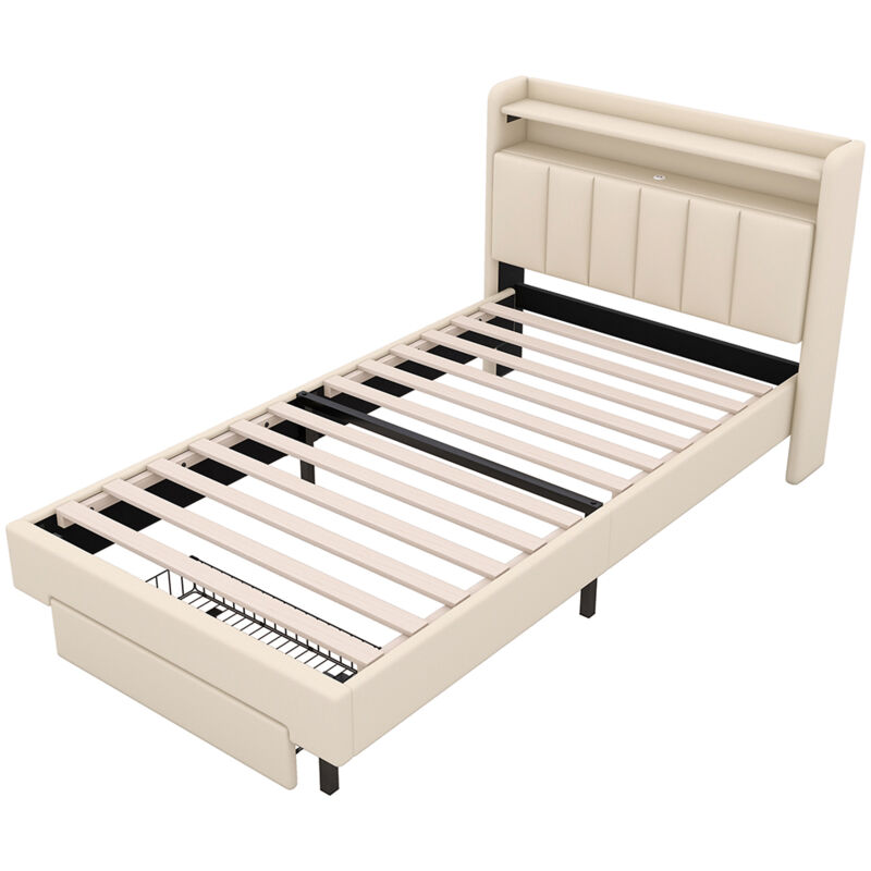 Gutent - Lit rembourré 90x200 cm, avec prise usb, tête de lit relevable, compartiment de rangement intégré, bout de lit avec un tiroir-Beige