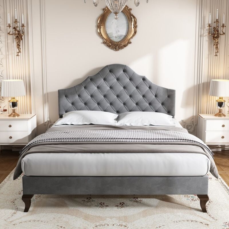 Gutent - Lit rembourré 90x200 cm, avec tête de lit réglable en hauteur, supports de lattes en bois, velours - Gris