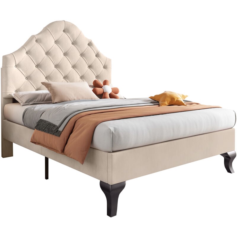 Gutent - Lit rembourré 90x200 cm, avec tête de lit réglable en hauteur, supports de lattes en bois, velours - Beige