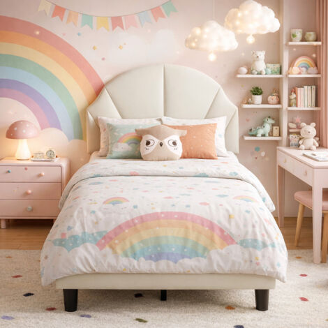 Lit rembourré 90x200 cm, lit enfant simple avec sommier à lattes en bois, cadre de lit plat avec tête de lit réglable en forme de vague, rembourrage confortable de la tête de lit, lit jeune, lit fille
