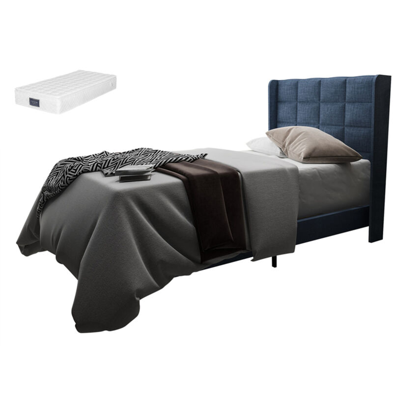 Gutent - Lit rembourré 90x200 cm, lit simple avec sommier à lattes, lin bleu (avec matelas à ressorts)