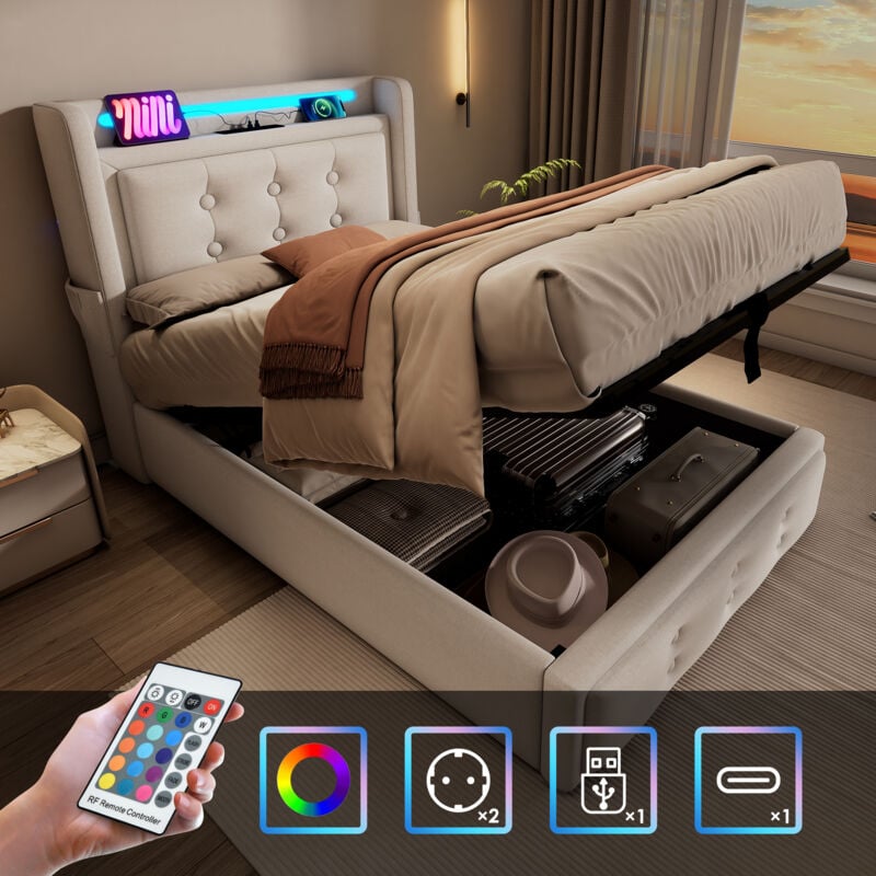 Lit rembourré 90x200, lit simple avec tête de lit led et fonction de chargement usb c, lit hydraulique avec sommier à lattes en bois et structure en