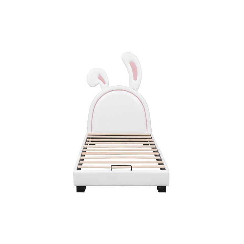 Lit rembourré 90x200cm, lit d'enfant avec sommier à lattes et dossier, lit de fille en forme d'oreille de lapin avec pieds surélevés(matelas non