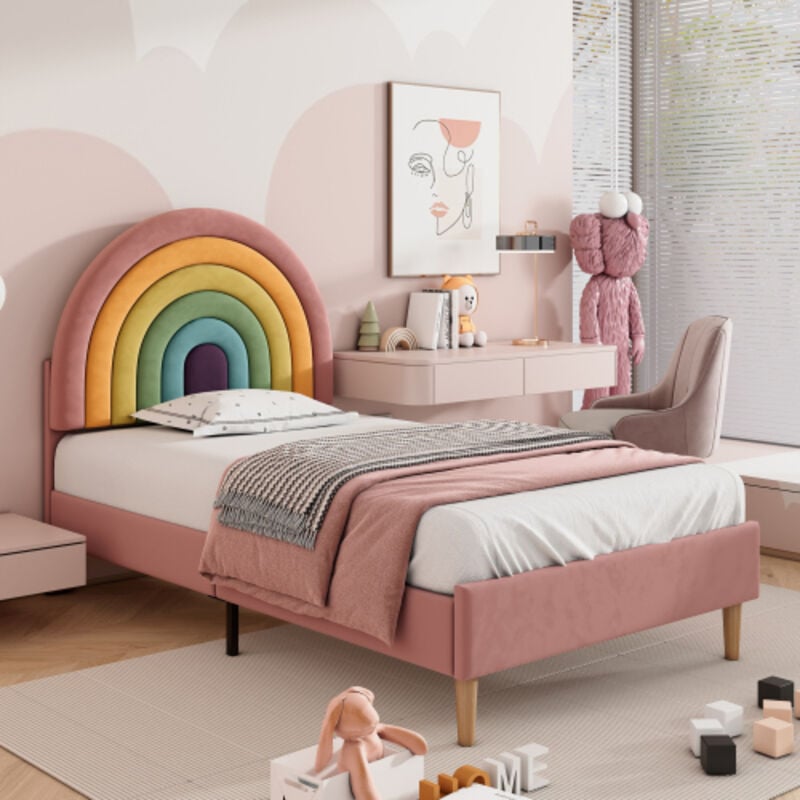Wishdor - Lit adulte Lit adolescent capitonné simple 90 x 200 cm avec tête de lit arc-en-ciel réglable, rose