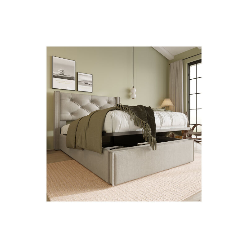 Lit coffre 90x200 cm, lit enfant, lit adulte, lit capitonné avec sommier à lattes en métal, en coton, gris clair, sans matelas