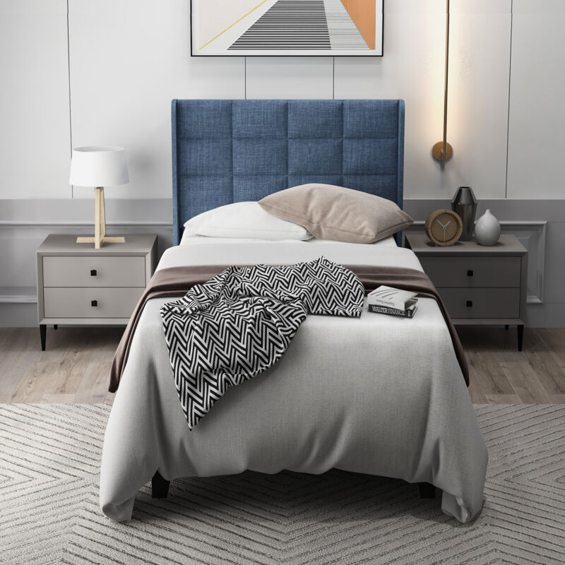 Wishdor - Lit adulte 90x200 cm, lit simple capitonné avec sommier à lattes, lit adolescent en lin, bleu, sans matelas