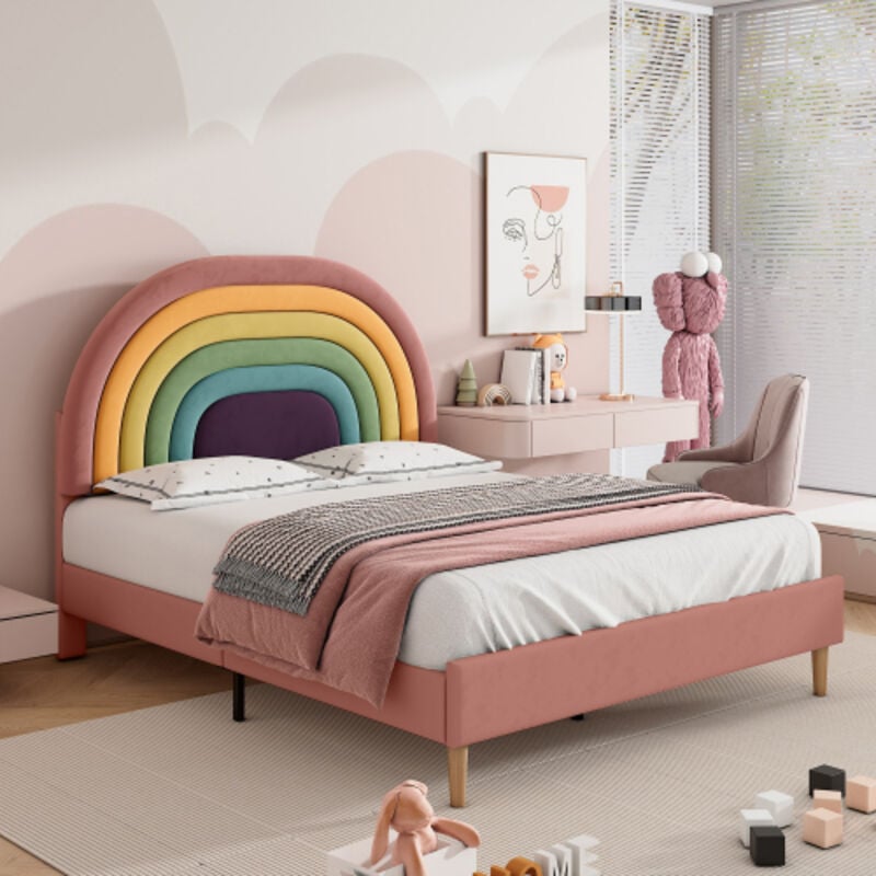 Wishdor - Lit adulte Lit adolescent capitonné double 140 x 200 cm avec tête de lit arc-en-ciel réglable, rose