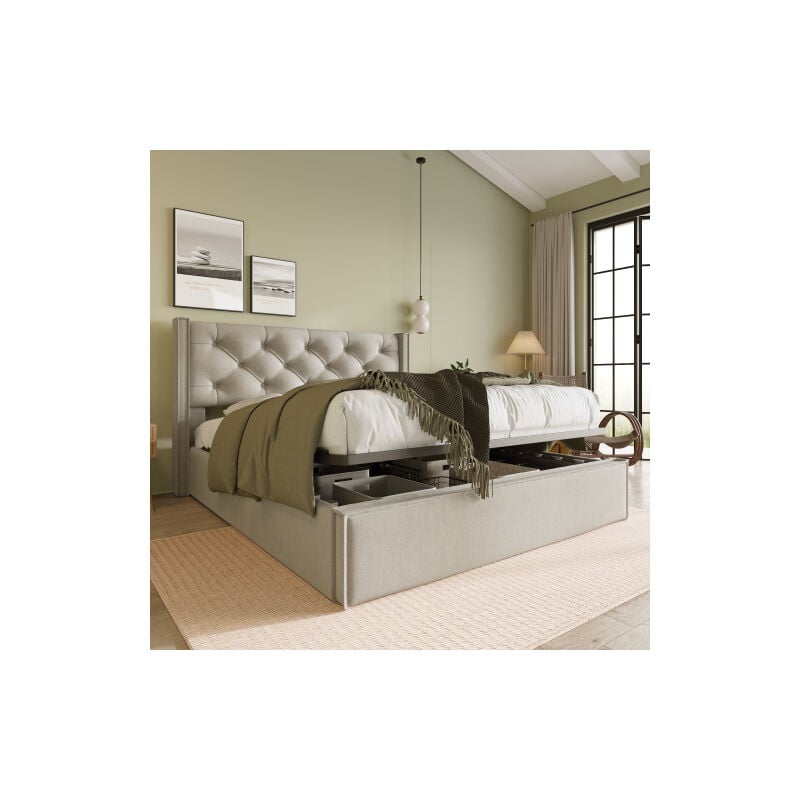 Lit coffre 160x200 cm, lit enfant, lit adulte, lit capitonné avec sommier à lattes en métal, en coton, gris clair, sans matelas