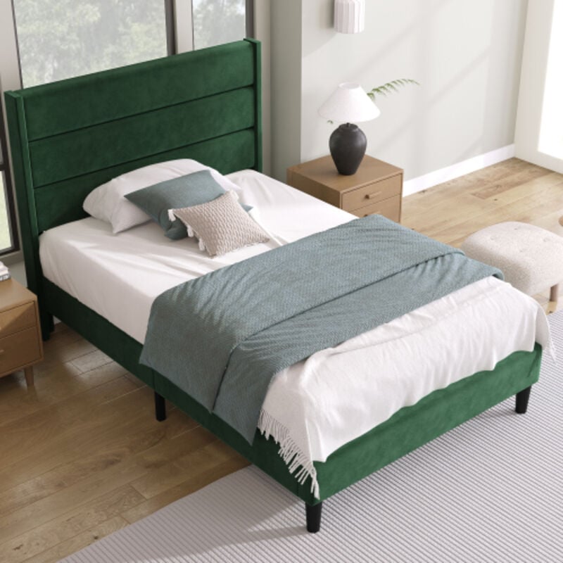 Wishdor - Lit adulte Lit adolescent simple capitonné 90 x 200 cm avec sommier à lattes et tête de lit, housse en textile de velours vert, sans matelas