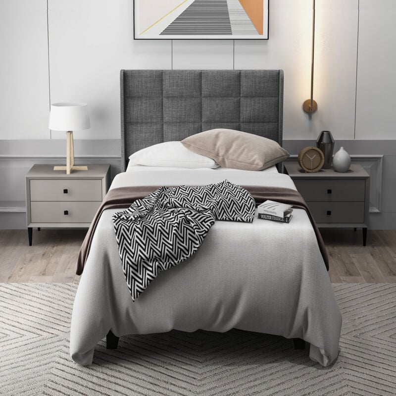 Wishdor - Lit adulte 90x200 cm, lit simple capitonné avec sommier à lattes, lit adolescent en lin, gris, sans matelas