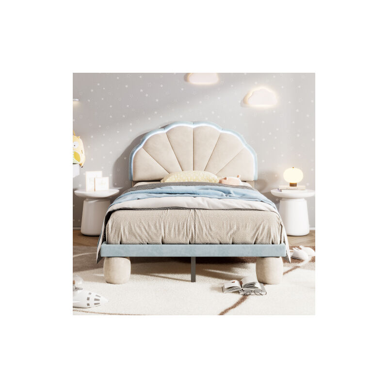 Lit rembourré à rayures claires alternées colorées, tête de lit ondulée avec pieds ronds rembourrés, lit bébé à lattes en bois,beige + bleu