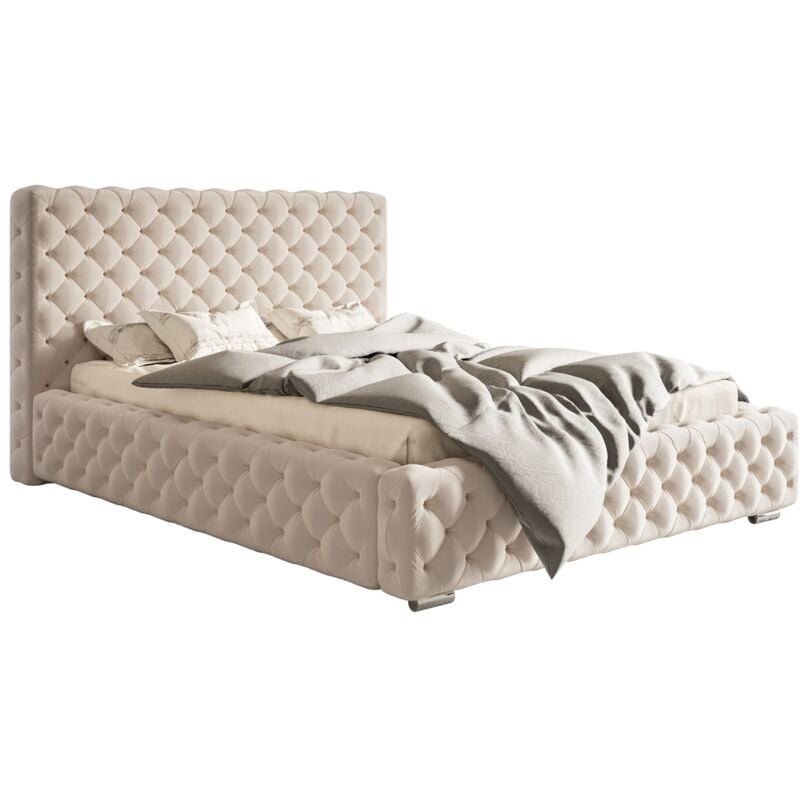 Lit Adulte 200x200 cm Adonis - Lit Double, Tissu Velours Beige (Amor Velvet 4304)