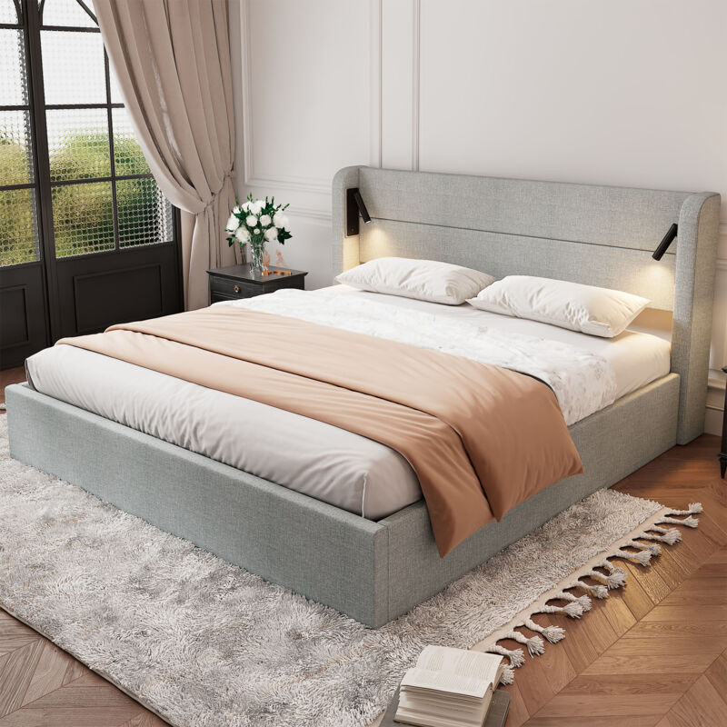Lit rembourré adulte, avec espace de rangement, lumière d'ambiance, sommier à lattes en bois, 180x200cm, en tissu, gris